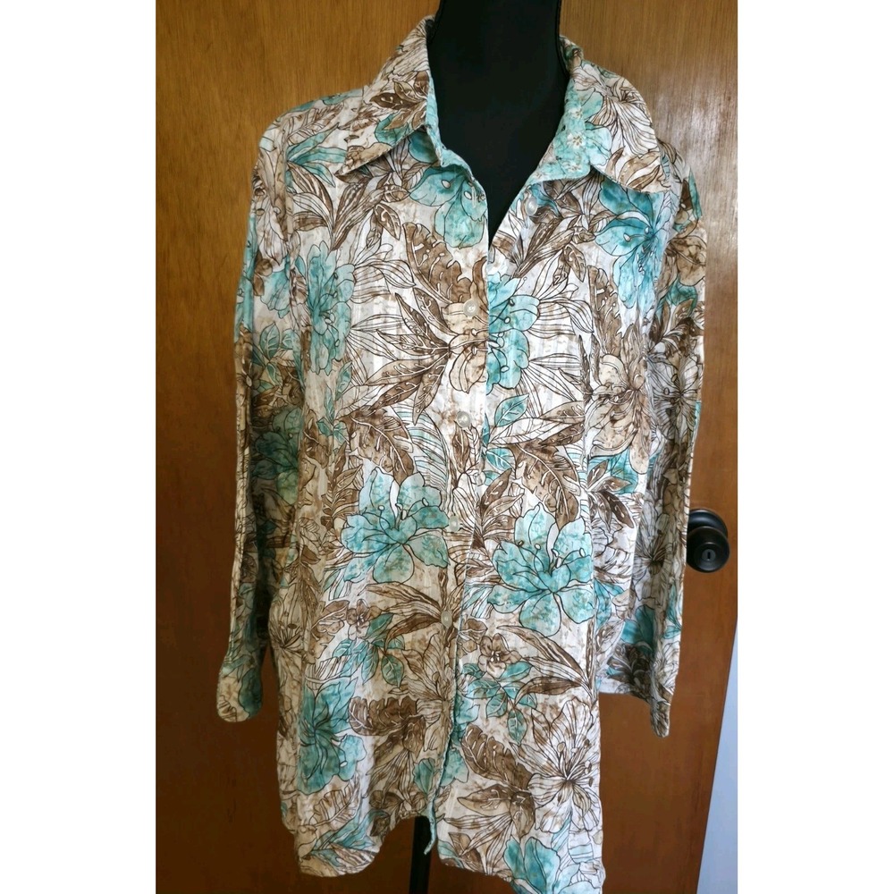 Alfred Dunner Woman 16W Button Front Shirt Turquoise Brown Tropical Floral